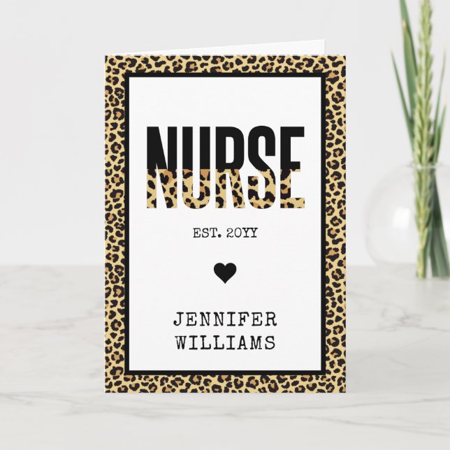 Personalized Nurse Est Cheetah RN graduation Card (Front)