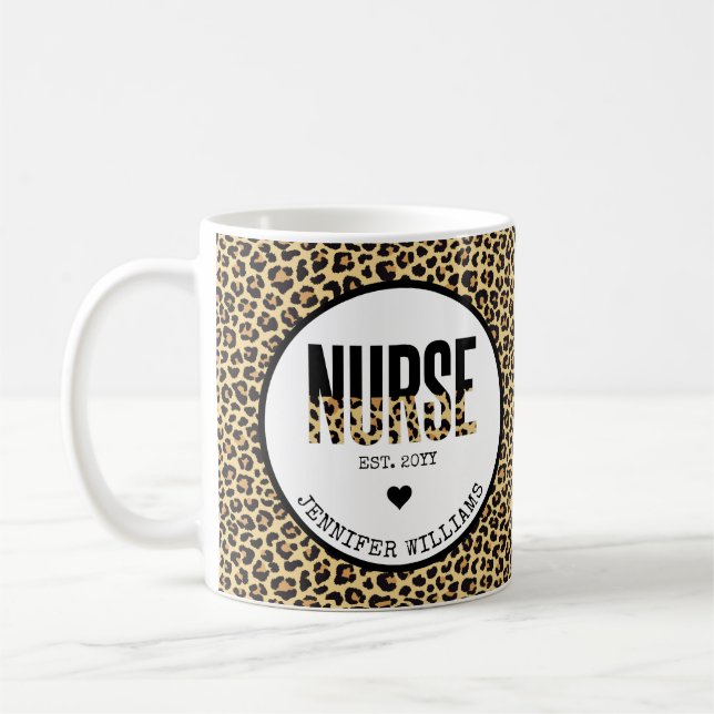 Personalized Nurse Est Cheetah RN Graduation Coffee Mug (Left)