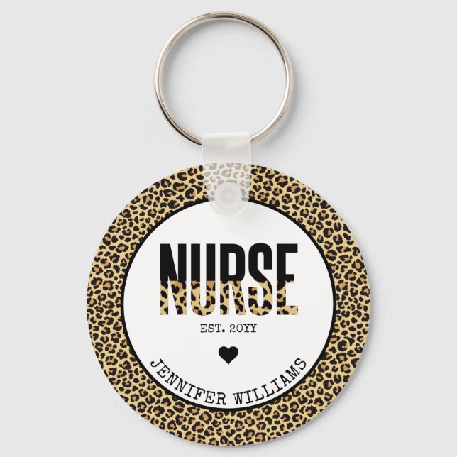 Personalized Nurse Est Cheetah RN Graduation Keychain (Front)