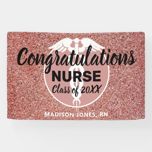 Personalized Nurse Graduation Rose Gold Glitter Banner