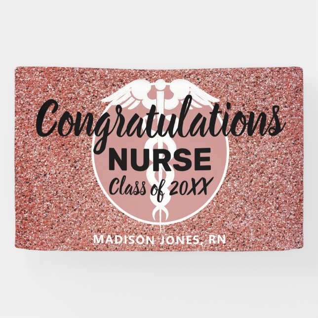 Personalized Nurse Graduation Rose Gold Glitter Banner (Horizontal)