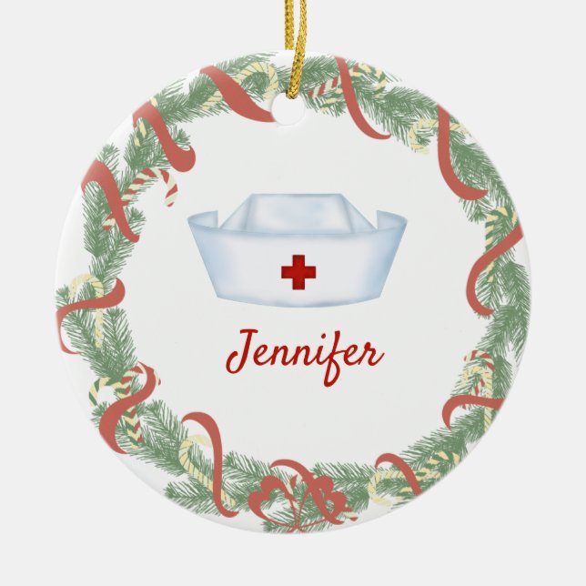 Personalized  Nurse Hat Christmas Wreath Ceramic Ornament (Front)