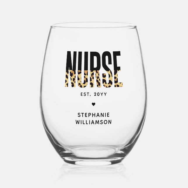 Personalized Nurse Leopard Print RN Graduation Stemless Wine Glass (Front)
