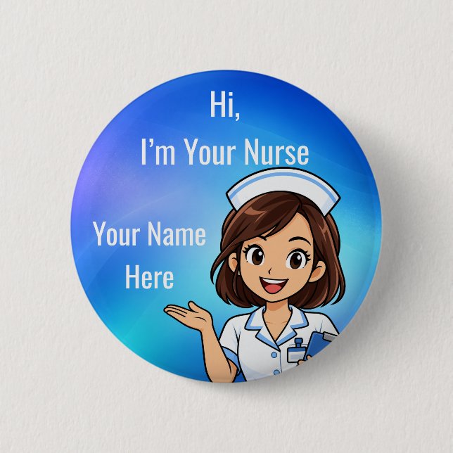 Personalized Nurse Name Badge Blue Gradient Button (Front)