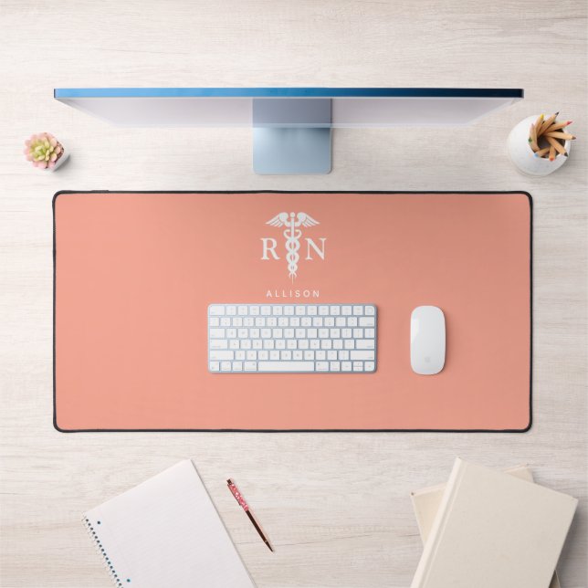Personalized Nurse Orange Peach Medical Caduceus Desk Mat (Office 1)