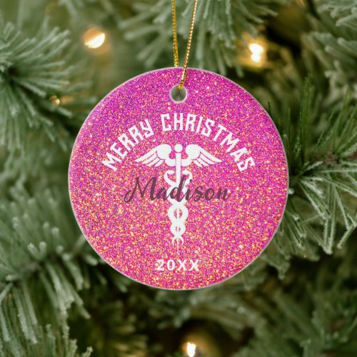 Personalized Nurse Pink Glitter Christmas Ceramic Ornament