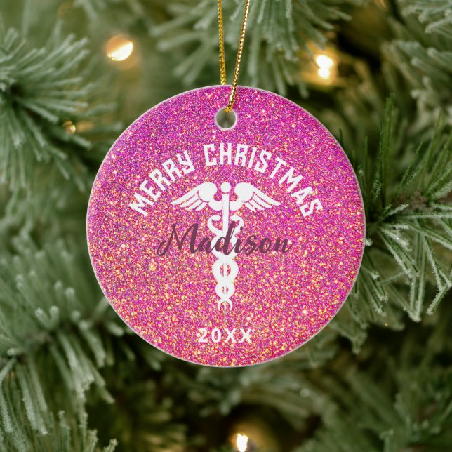Personalized Nurse Pink Glitter Christmas Ceramic Ornament (Tree)