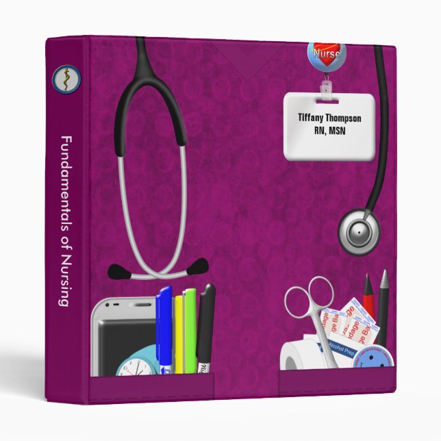 Personalized Nurse Pockets 1 Inch Hot Pink Binder (Front/Spine)