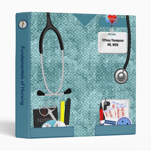 Personalized Nurse Pockets 1 Inch Teal Scrubs 3 Ring Binder (Front/Spine)