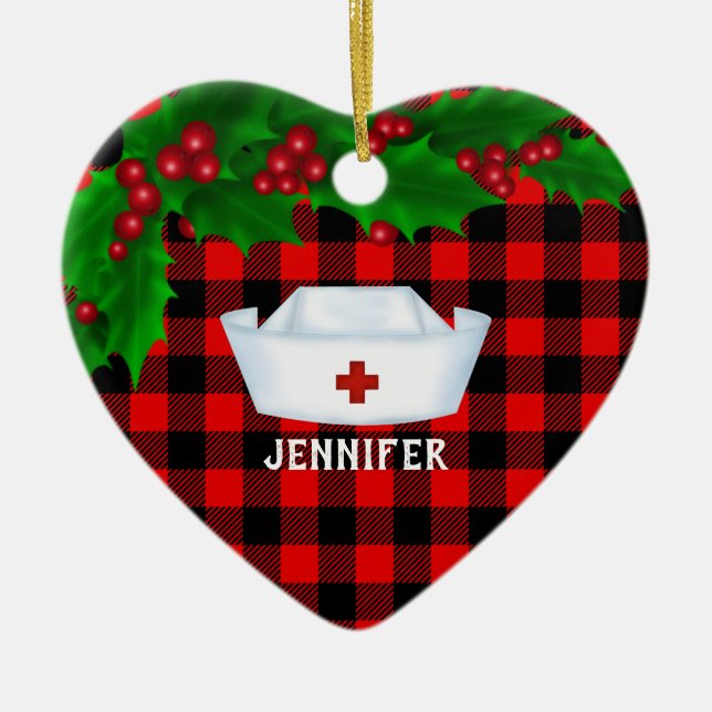 Personalized Nurse Red Buffalo  Plaid Christmas Ceramic Ornament (Front)
