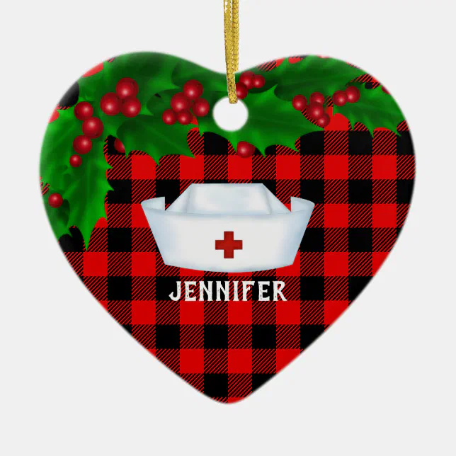 Personalized Nurse Red Buffalo Plaid Christmas Ceramic Ornament Zazzle