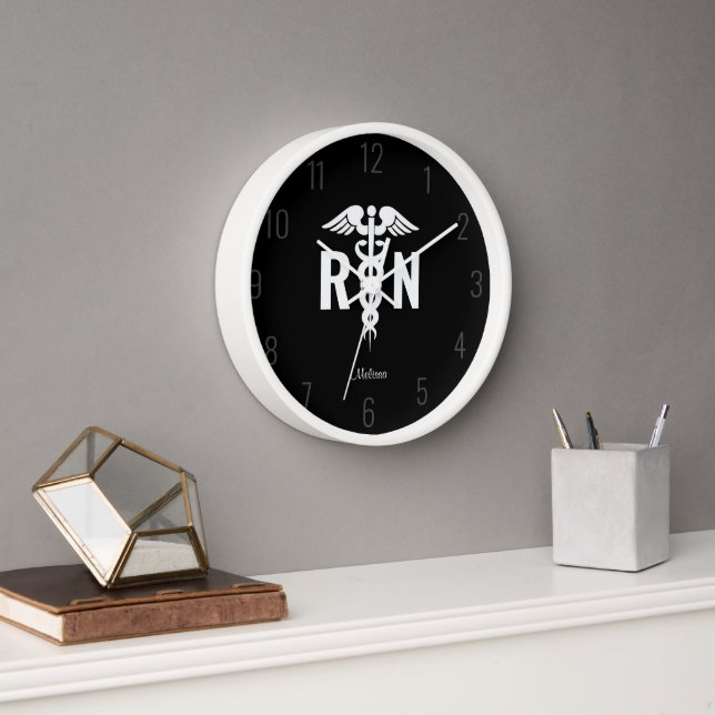 Personalized Nurse RN Black White Caduceus Medical Clock (Office)