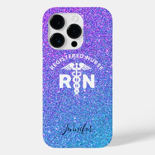 Personalized Nurse RN Blue Purple Glitter Medical Case_Mate iPhone 14 Pro Case