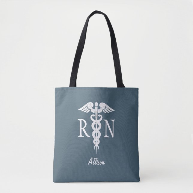 Personalized Nurse RN Dusty Blue Medical Caduceus Tote Bag (Front)