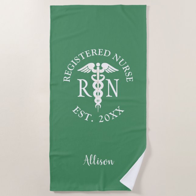 Personalized Nurse RN Graduate Green Medical Beach Towel (Front)