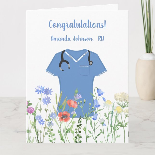 Personalized Nurse RN LPN NP Blue Scrubs Card (Front)