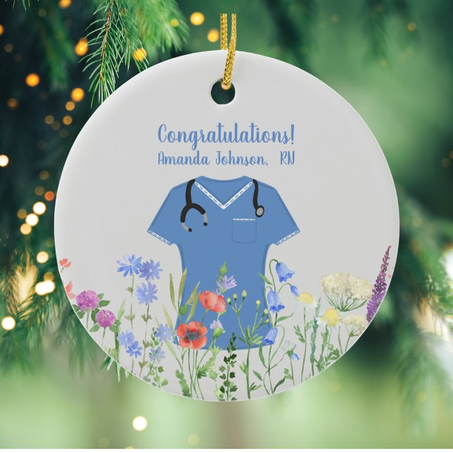 Personalized Nurse RN LPN NP Blue Scrubs Ceramic Ornament (Creator Uploaded)