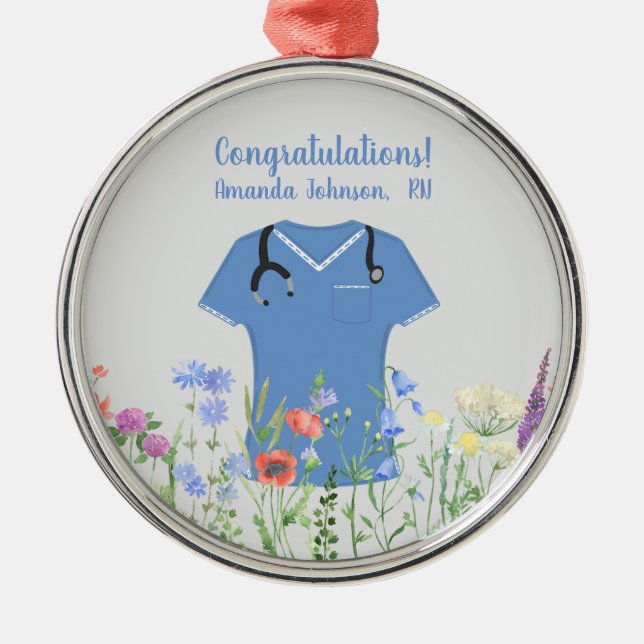 Personalized Nurse RN LPN NP Blue Scrubs Metal Ornament (Front)