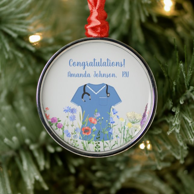Personalized Nurse RN LPN NP Blue Scrubs Metal Ornament (Tree)