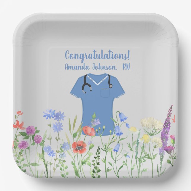Personalized Nurse RN LPN NP Blue Scrubs Paper Plates (Front)