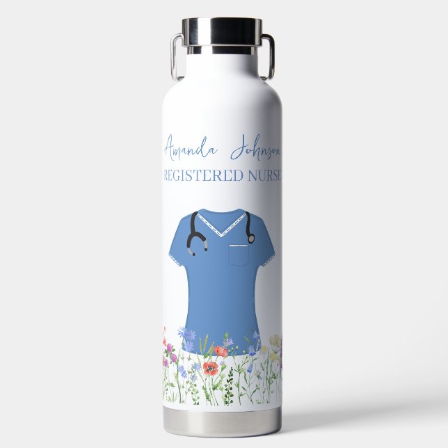Personalized Nurse RN LPN NP Blue Scrubs Water Bottle (Front)