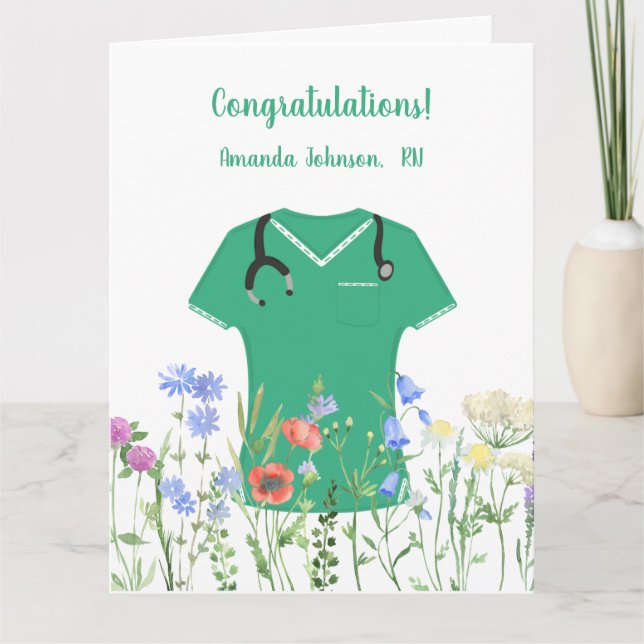 Personalized Nurse RN LPN NP Green Scrubs Card (Front)