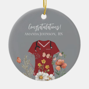 Personalized Nurse RN LPN NP Maroon Scrubs Ceramic Ornament
