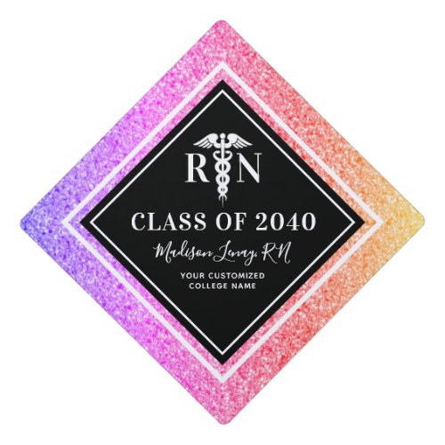 Personalized Nurse RN Medical Rainbow Glitter Graduation Cap Topper