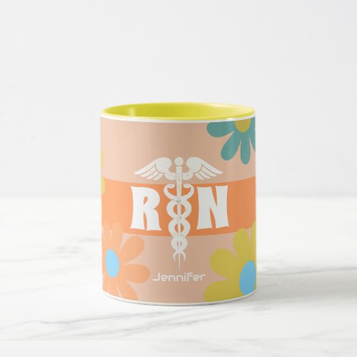 Personalized Nurse RN Modern Retro Daisies Trendy Mug