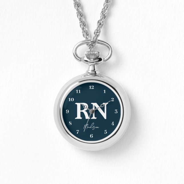 Personalized Nurse RN Navy Blue White Script Watch (Front)