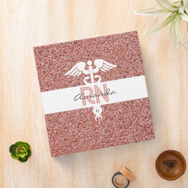 Personalized Nurse RN Pink Rose Gold Glitter 3 Ring Binder (In Situ)