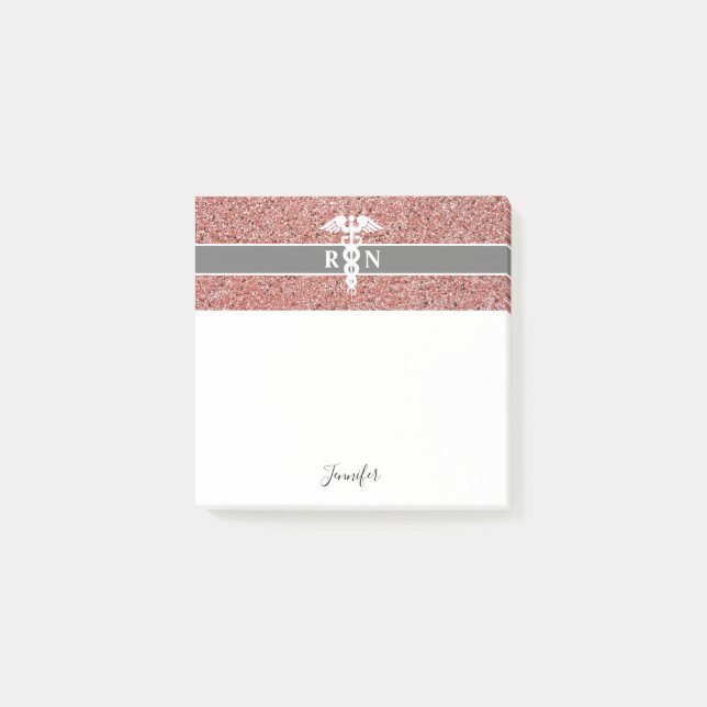 Personalized Nurse RN Rose Gold Glitter Caduceus Post-it Notes (Front)