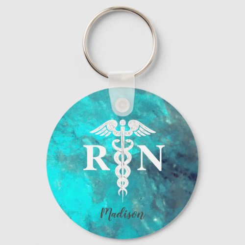 Personalized Nurse RN Teal Marble Keychain