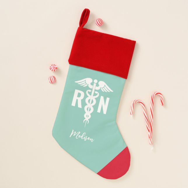 Personalized Nurse RN Teal Red Medical Christmas Stocking (Front)