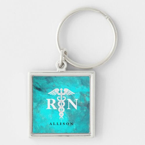 Personalized Nurse RN Turquoise Marble Caduceus Keychain