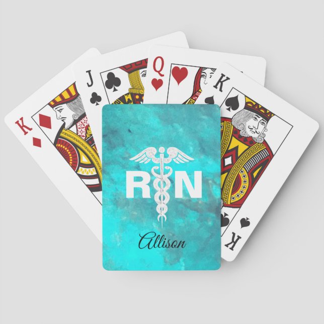 Personalized Nurse RN Turquoise Marble Caduceus Poker Cards (Back)
