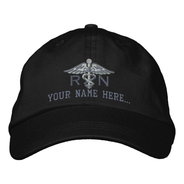 Personalized Nurse RN Your Text Medical Caduceus Embroidered Baseball Cap (Front)