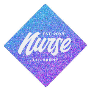 Personalized Nurse Script Blue Purple Glitter Graduation Cap Topper