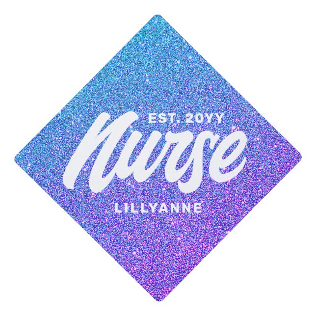 Personalized Nurse Script Blue Purple Glitter Graduation Cap Topper (Front)