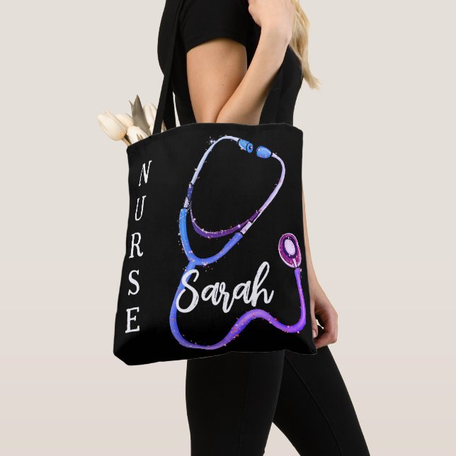 Personalized Nurse Stethoscope Black Minimalist  Tote Bag (Close Up)