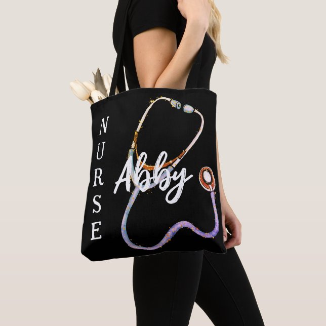 Personalized Nurse Stethoscope Minimalist Black Tote Bag (Close Up)