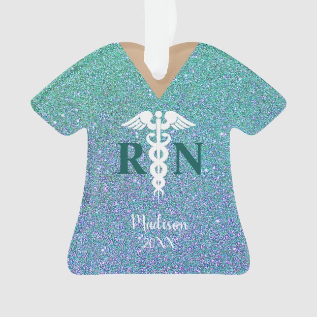 Personalized Nurse Teal Blue Glitter Scrub Top Ornament (Front)