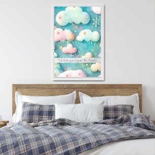 Personalized nursery wall art. Green, clouds, name Framed Art