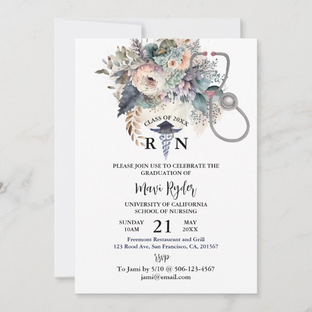 Personalized Nursing Graduation Boho FIoral Party Invitation (Front)