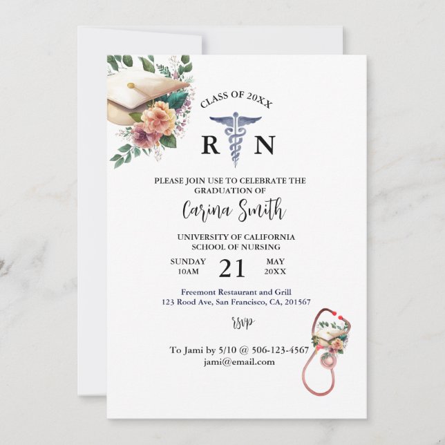 Personalized Nursing Graduation Minimal Floral Invitation (Front)