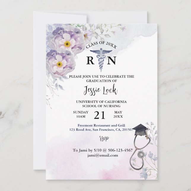 Personalized Nursing Graduation Purple FIoral Invitation (Front)
