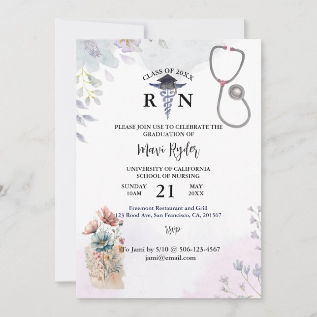 Personalized Nursing Graduation Watercolor FIoral  Invitation (Front)
