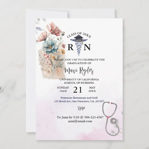 Personalized Nursing Graduation Watercolor FIoral Invitation