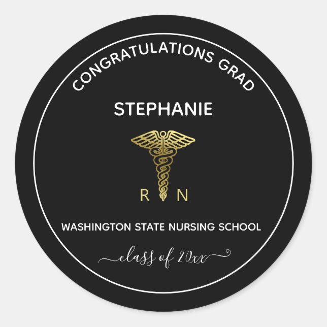 Personalized Nursing School Graduation Black Classic Round Sticker (Front)