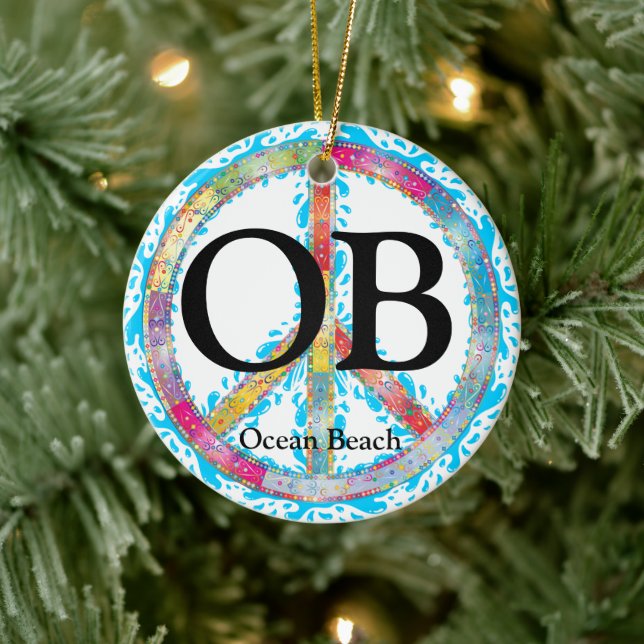 Personalized OB Ocean Beach California Peace Sign Ceramic Ornament (Tree)